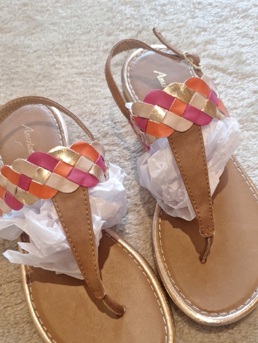 American Eagle Braided T-Strap Sandals in Tan with Pink, Orange & Gold Size M - Picture 2 of 5
